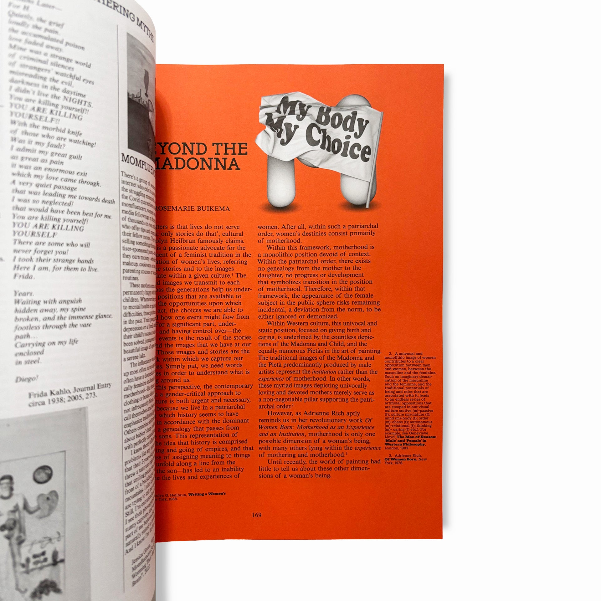 Open book with a page featuring a newspaper headline 'My Body My Choice' 